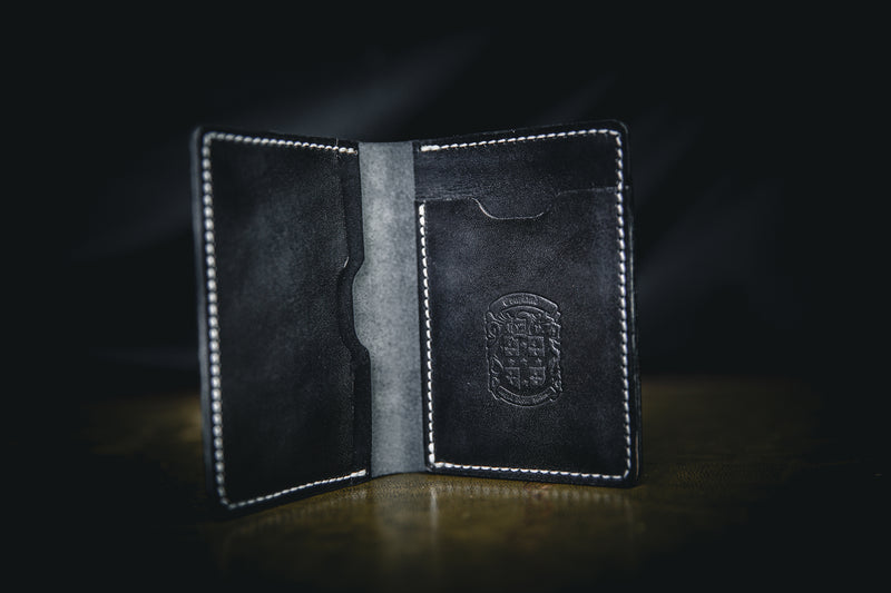 black leather mike wallet open with coupland crest