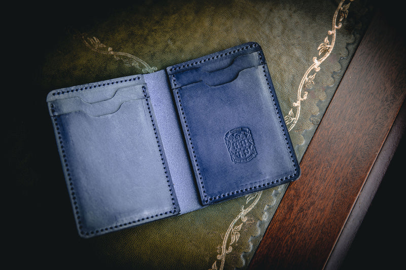 blue dan leather wallet open with coupland crest