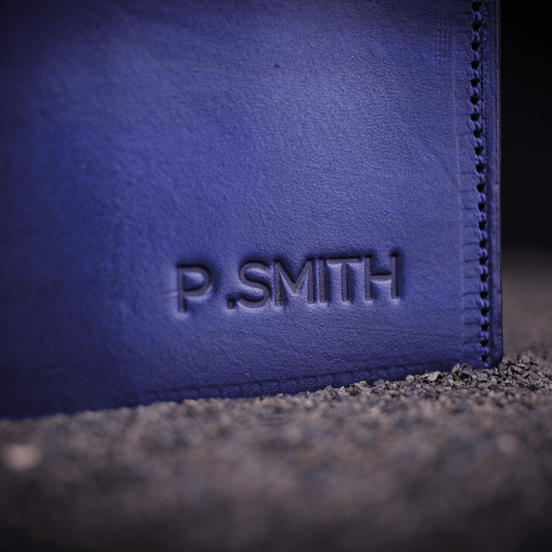 blue leather engraved golf scorecard holder close up