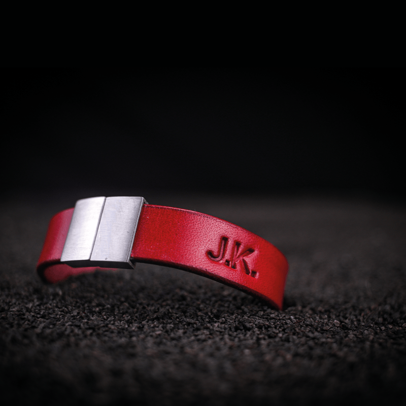 red personalised single wrap bracelet engraved JK