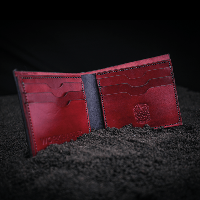 debossed red leather wallet example