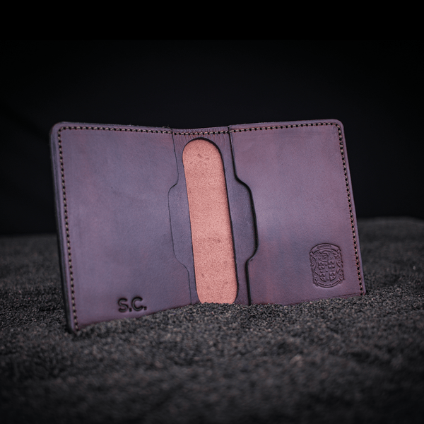 the Rob leather wallet engraved with S.C