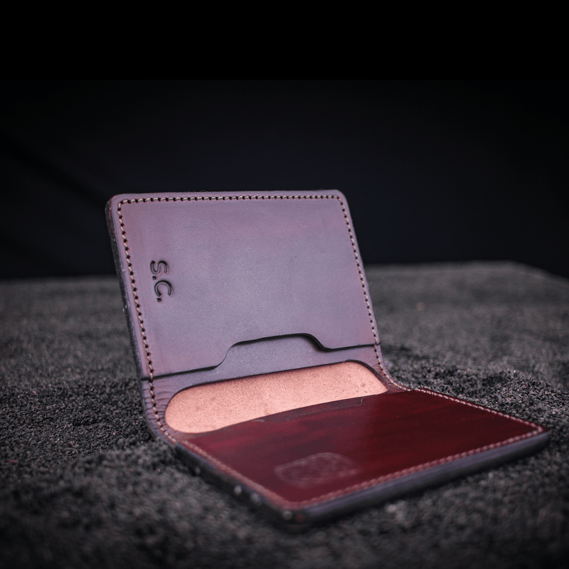 the Rob leather wallet open and engraved
