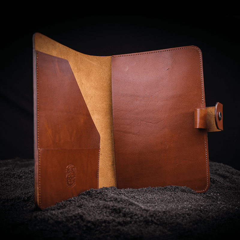 A5 brown leather book cover open