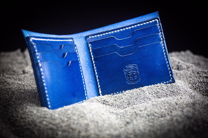 open AJ leather wallet in blue with coupland crest