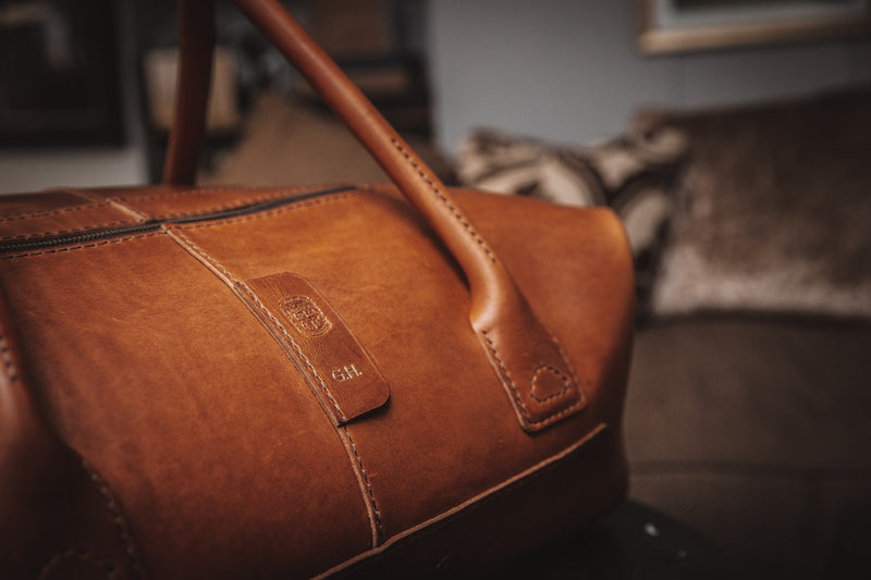 personalisation on leather duffle bag
