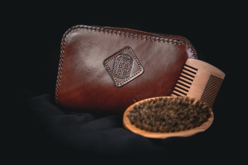 holmes leather toiletry bag with coupland crest, beard brush and comb