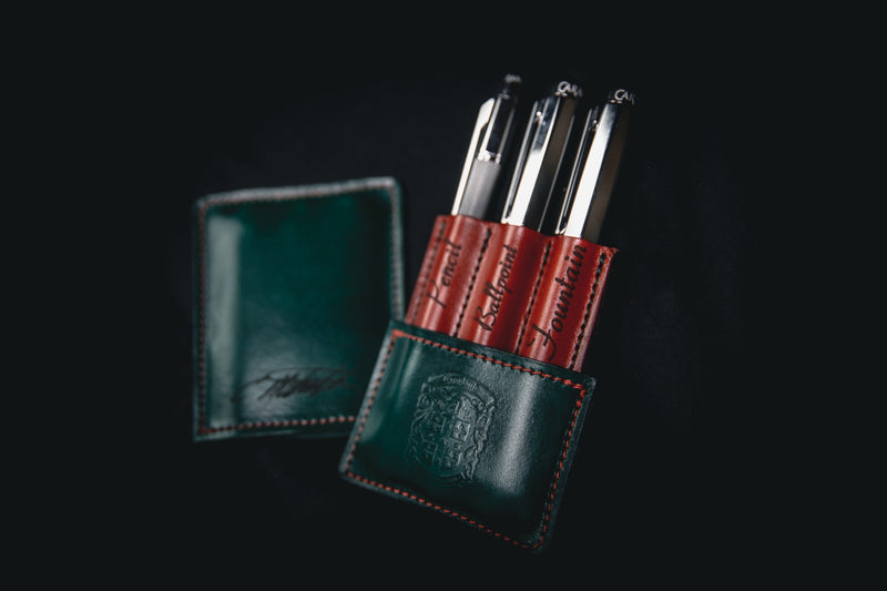 triple leather pen holder in green with coupland crest