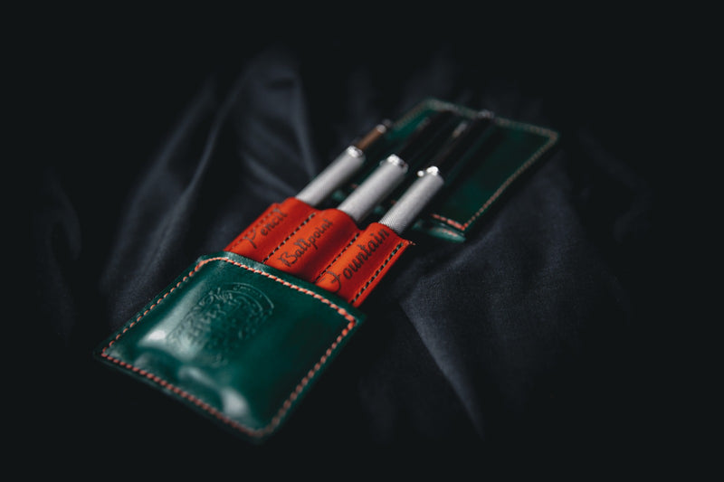 triple leather pen holder in green