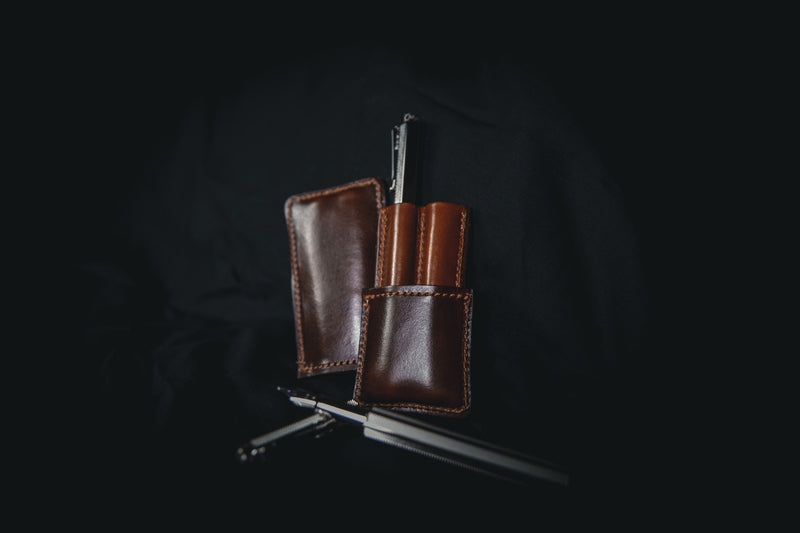 dark brown leather double pen holder open