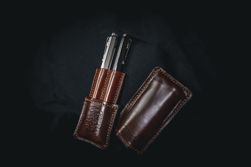 brown leather double pen holder open