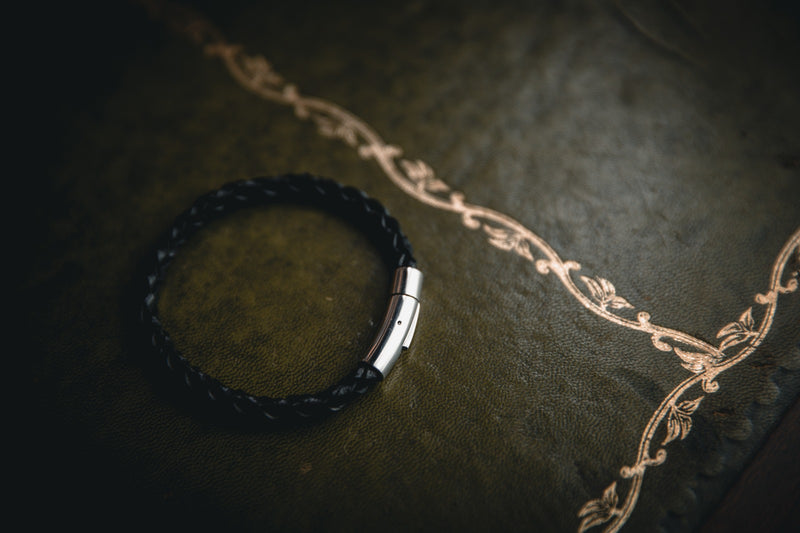 black braided leather bracelet with silver fastening